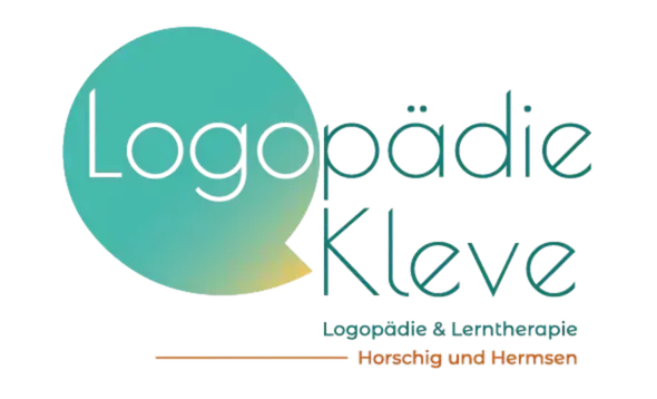 Logo für „Logopädie Kleve“ mit moderner Typografie in den Farben Blaugrün und Gelbgrün sowie einer Sprechblasengrafik. Darunter steht in kleinerer Schrift „Logopädie & Lerntherapie“ sowie „Horschig und Hermsen“.